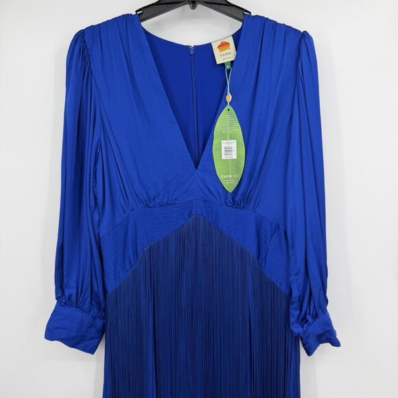 FARM Rio Blue Fringe Long Sleeve Maxi Dress Size XL Cocktail Party Semi Formal - Picture 4 of 16